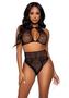Leg Avenue Dotted Net Keyhole Halter Crop Top With Lace Accents And High Waist Thong Panty (2 Pieces) - O/s - Black