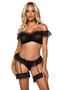 Leg Avenue Lace Ruffle Off The Shoulder Dotted Mesh Crop Top And Cheeky Open Back Crotchless Garter Panty (2 Pieces) - O/s - Black