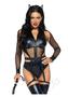 Leg Avenue Criminal Kitty Cut-out Zip Up Bodysuit With Snap Crotch, Belt With Attached Garters, And Cat Ear Headband (3 Piece) - Xsmall - Black